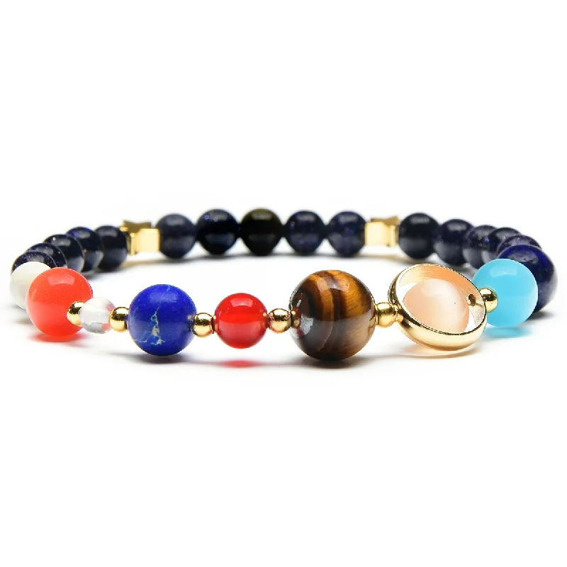 Pinch clasp bangles-Polished Solar System Natural Stone Beaded Stretch Bracelet