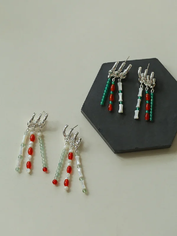 Fox wing earrings-New Chinese Style Bamboo Aventurine Commuting Three-Layer Earrings