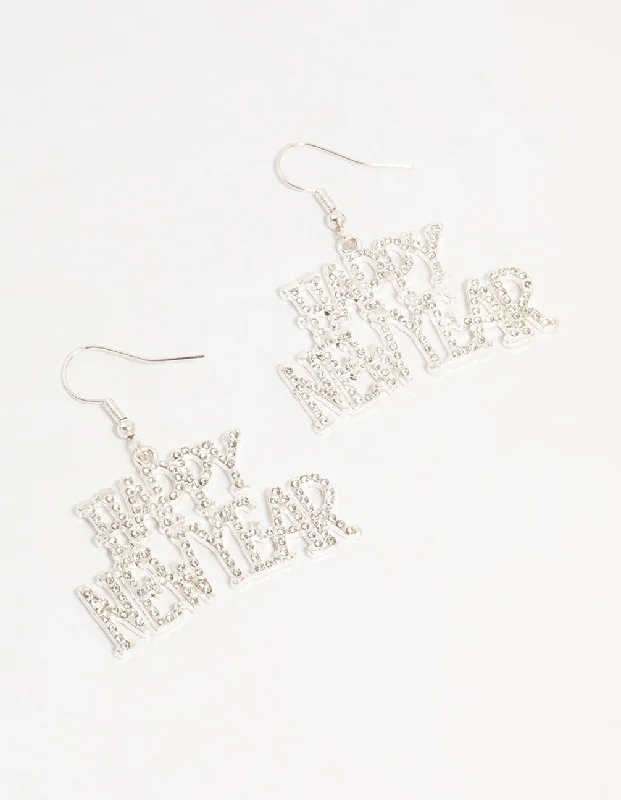 Solid ring earrings-Silver Happy New Year Diamante Drop Earrings