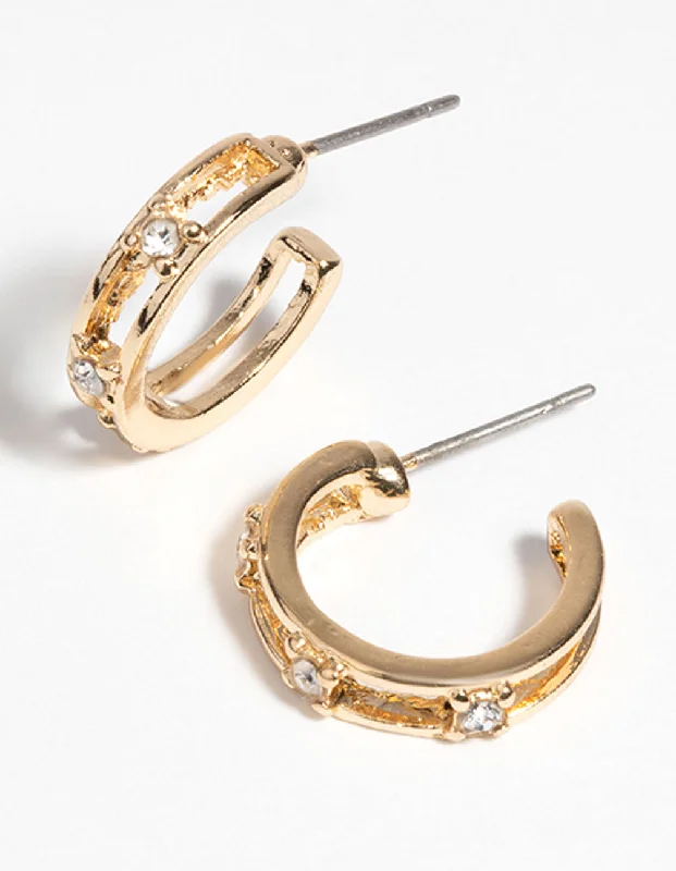 Alloy metal earrings-Gold Diamante Huggie Hoop Earrings