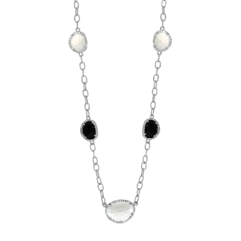 Woven tribal necklaces-Sterling Silver Diamond Accented Moonstone and Black Onyx Necklace