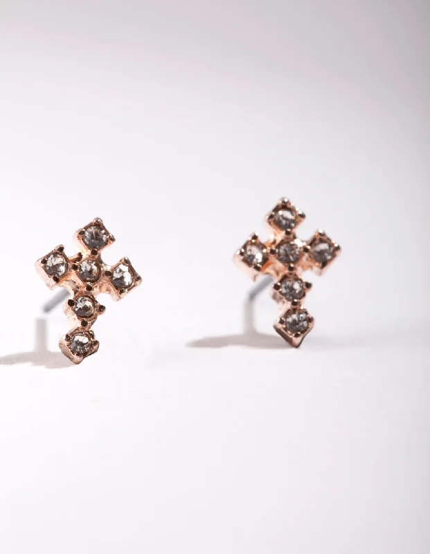 Alloy metal earrings-Rose Gold Mini Diamante Cross Earrings