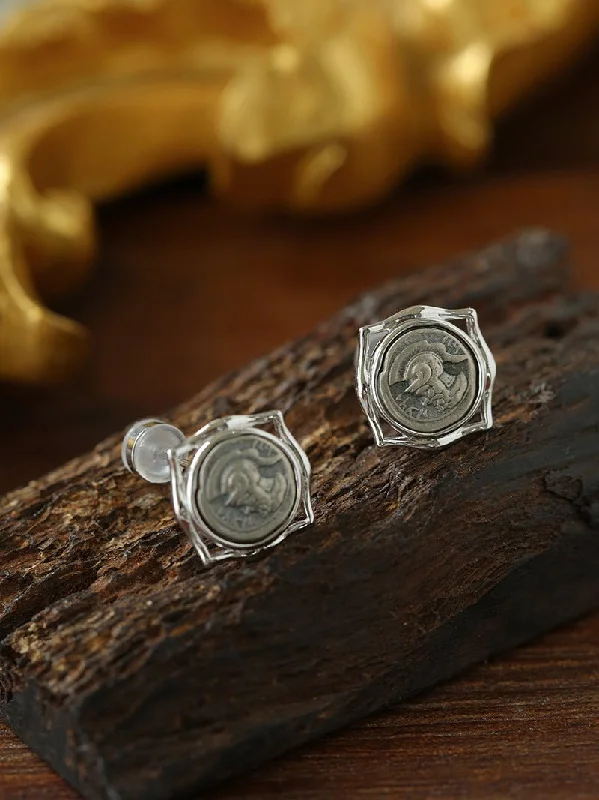 Subtle dangle earrings-Ancient Greek Retro Blue 925 Silver Coin Stud Earrings-Type L