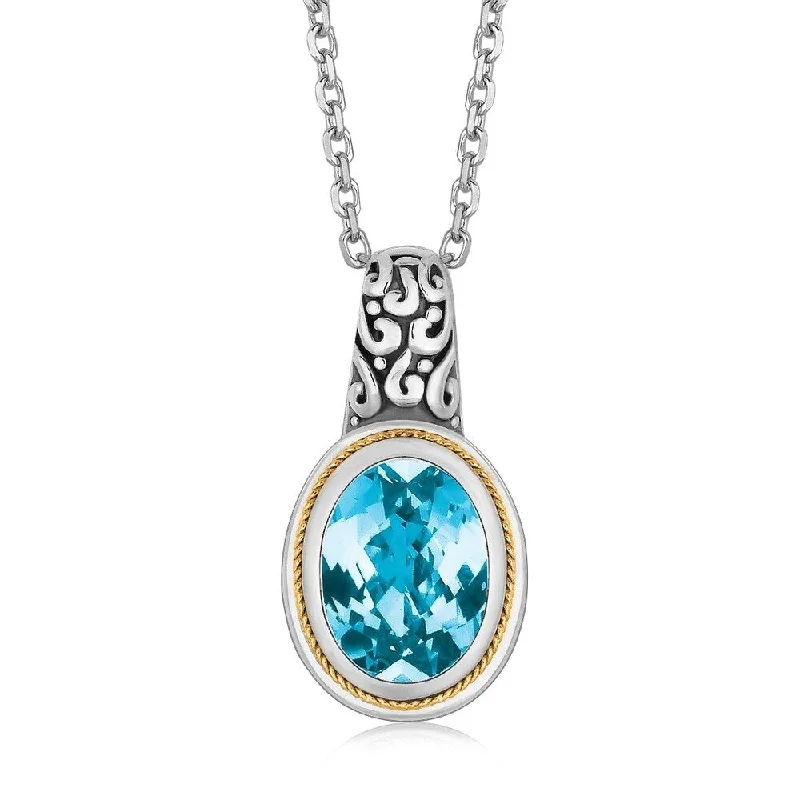 Tarnished silver necklaces-18k Yellow Gold and Sterling Silver Necklace with Blue Topaz Milgrained Pendant