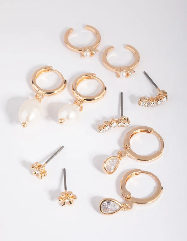 Thick hoop earrings-Gold Diamante & Freshwater Pearl Huggie Hoop Earring Stack Pack