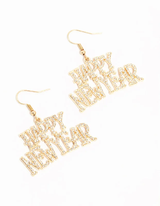 Rough texture earrings-Gold Diamante Happy New Year Drop Earrings