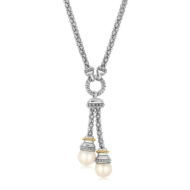 Slanted design necklaces-18k Yellow Gold and Sterling Silver Popcorn Style Necklace with Pearl Accents