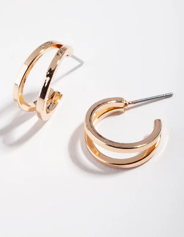 Tiny heart earrings-Gold Double Hoop Earrings