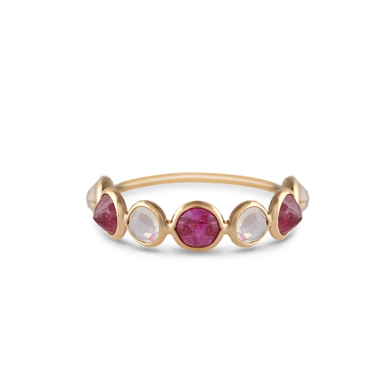 Ruby & Rainbow Moonstone Round Ring In 18K Yellow Gold