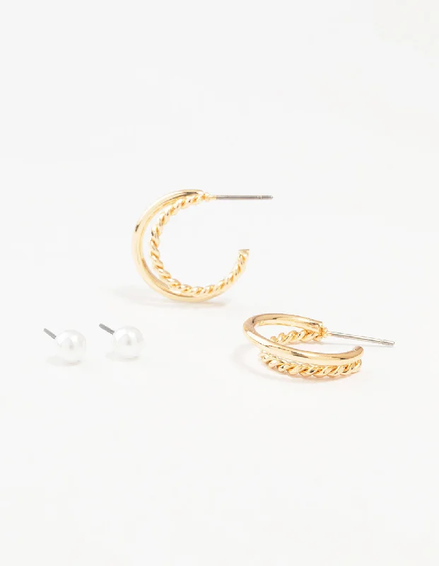 Thin pearl earrings-Gold Pearl Studs & Twisted Hoop Earrings 2-Pack