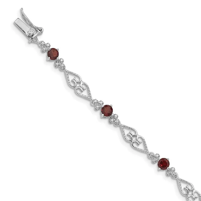 Gloss finish bangles-Curata 925 Sterling Silver Polished Open back Box Catch Closure Diamond Garnet Bracelet