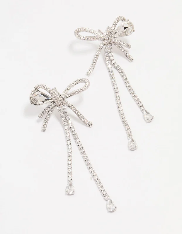 Reef knot earrings-Silver Cubic Zirconia Large Bow Drop Earrings