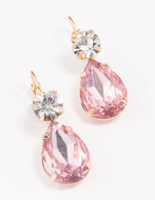 Morganite stud earrings-Gold Pink Pear Crystal Drop Earrings