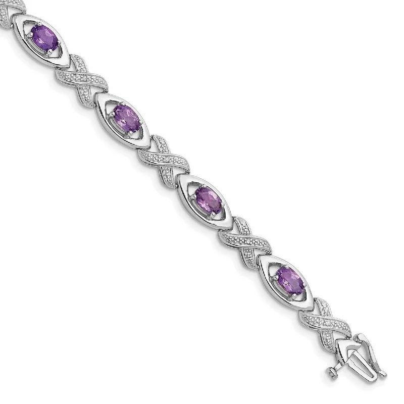 Chunky cuff bangles-Curata 925 Sterling Silver Textured Polished Box Catch Closure Diamond and Amethyst Bracelet