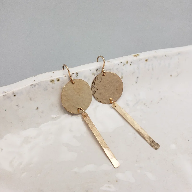 Thin threader earrings-Gold Filled Disc and Bar