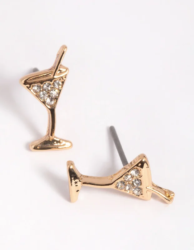 Spinel earrings-Gold Diamante Martini Stud Earrings