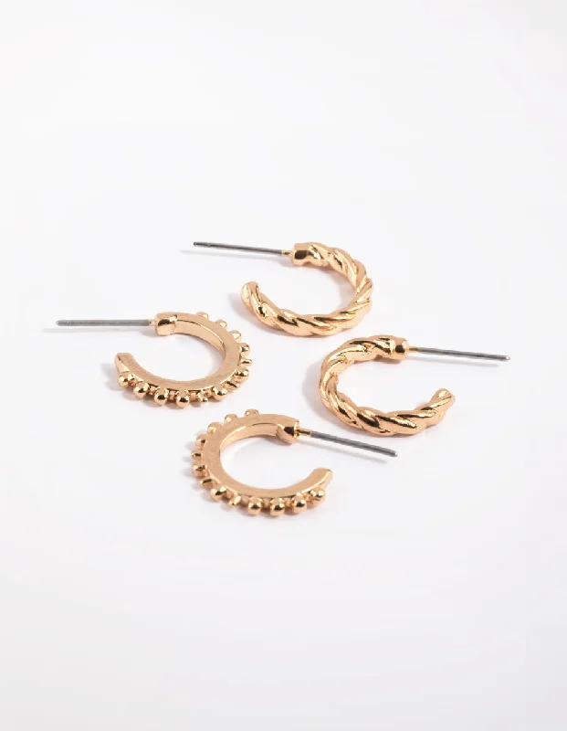 Dainty drop earrings-Gold Textured Huggie Hoop Earring Pack