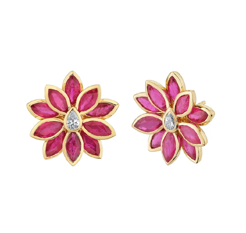 Thick hoop earrings-Ruby Flower Studs