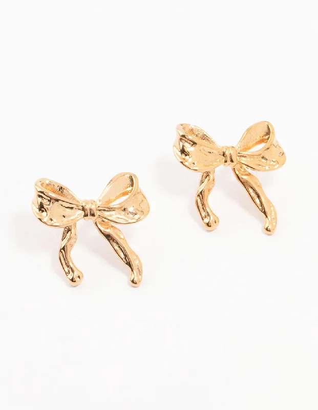 Thin threader earrings-Waterproof Gold Plated Stainless Steel Molten Bow Stud Earrings