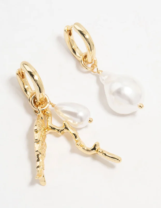 Twine bead earrings-Gold Plated Pearl & Fish Huggie Earrings