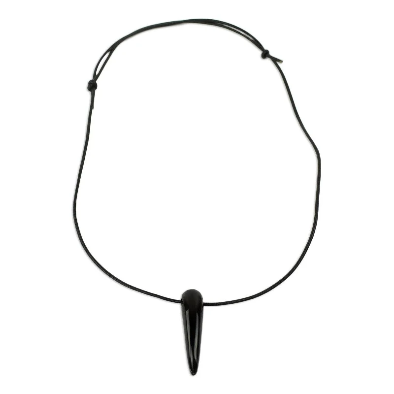 Silk cord necklaces-NOVICA Black Talon, Leather and bull horn pendant necklace