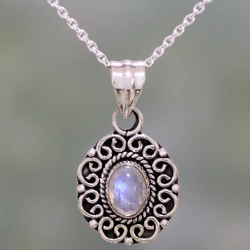 Cotton braid necklaces-Handmade Sterling Silver 'Moonstone Allure' Rainbow Moonstone Necklace (India)