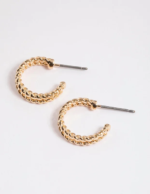 Fox wing earrings-Gold Double Twisted Huggie Earrings