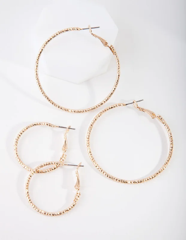 Dainty drop earrings-Gold Triple Diamond Cut Hoop Earring Pack