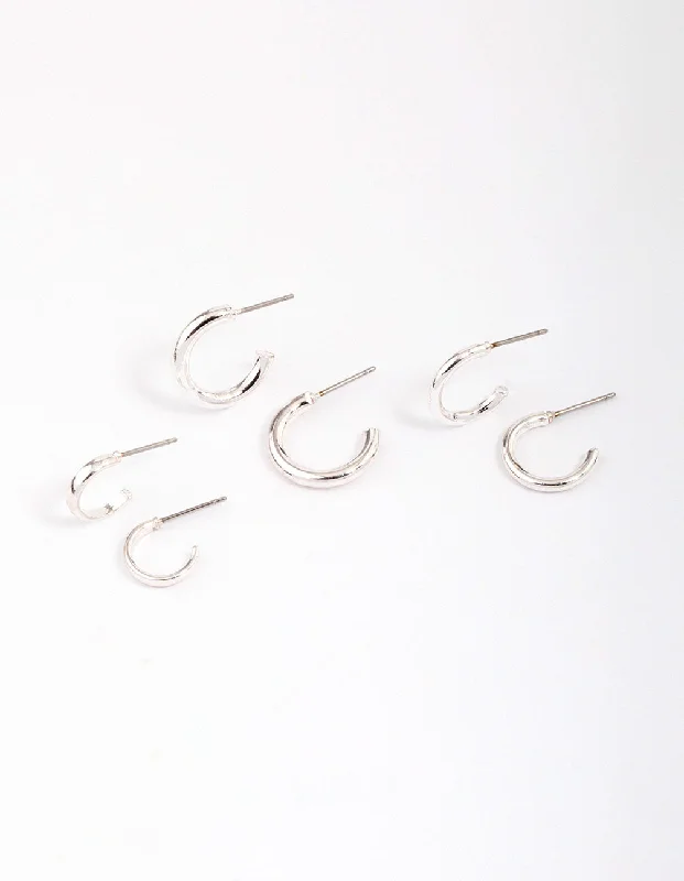 Silk fringe earrings-Silver Graduating Clean Huggie Hoop Earring 3-Pack