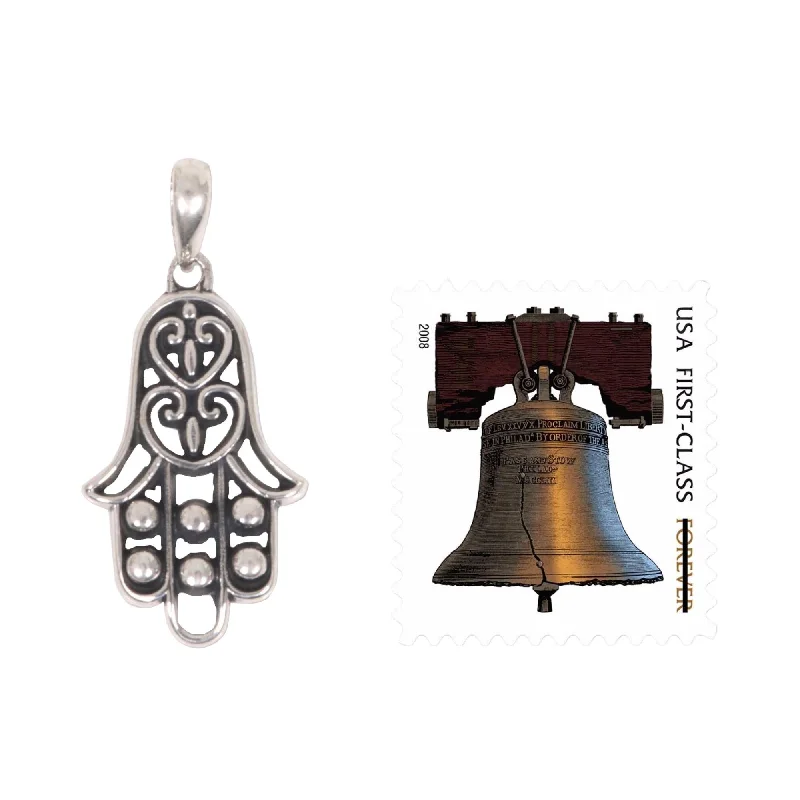 Drape-style necklaces-Sterling Silver Pendant Necklace, 'Silver Hamsa' - 7'6" x 9'6"