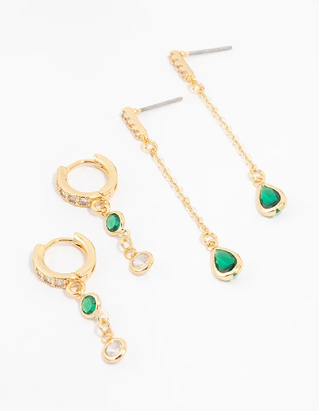 Radiant star earrings-Gold Plated Cubic Zirconia Emerald Round & Pear Earrings 2-Pack