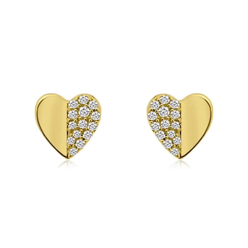 Light clay earrings-Half Gold and Diamond Heart Studs