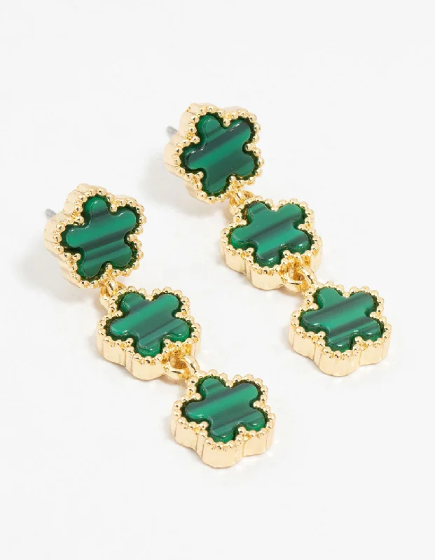 Polished art earrings-Gold Plated Emerald Clover Trio Drop Earrings