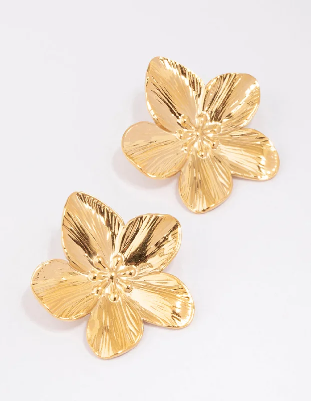 Polished art earrings-Waterproof Gold Plated Stainless Steel Textured Flower Stud Earrings