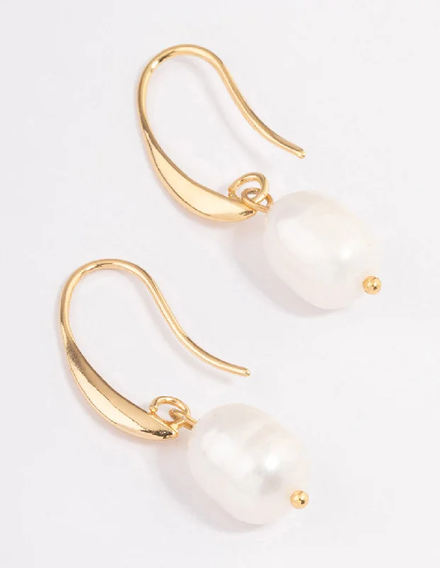 Vivid gem earrings-Gold Plated Freshwater Pearl Medium Hook Drop Earrings