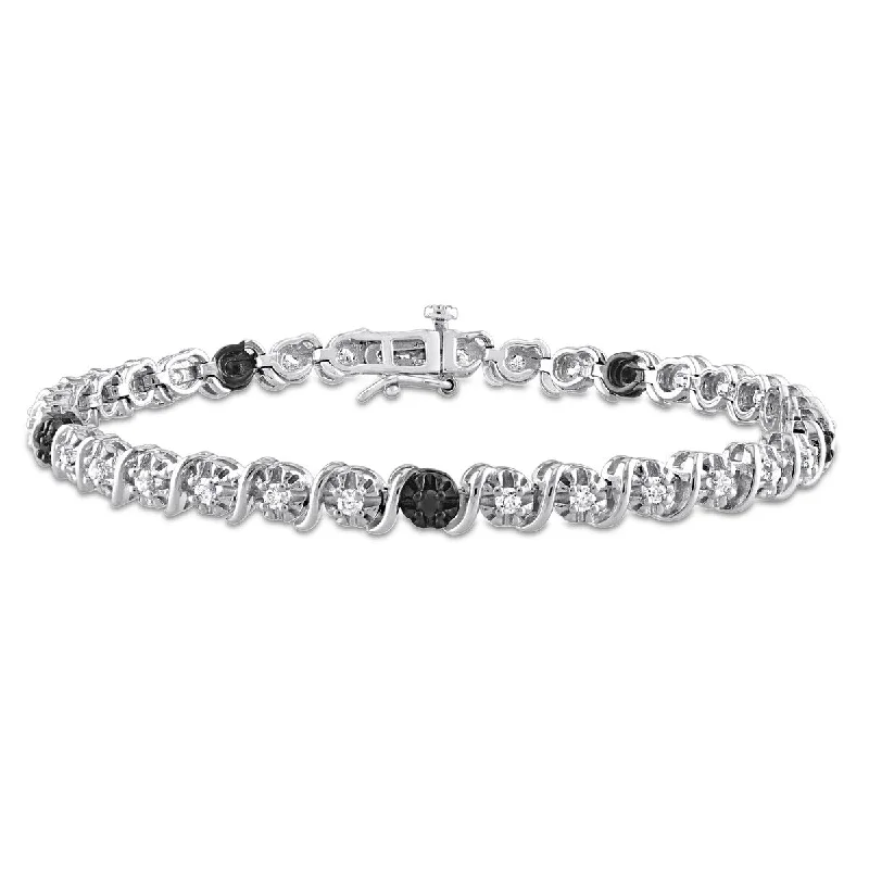 Beaded cluster bangles-Miadora 1ct TW Black & White Diamond Tennis Bracelet in Sterling Silver