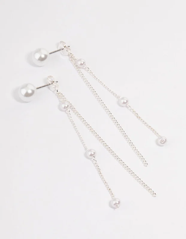 Alloy metal earrings-Silver Pearl Cupchain Sandwich Drop Earrings