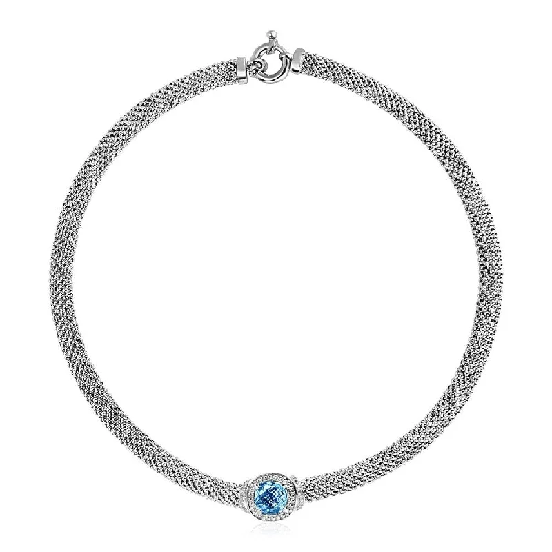 Shiny name necklaces-Popcorn Texture Necklace with Blue Topaz and Diamonds in Sterling Silver