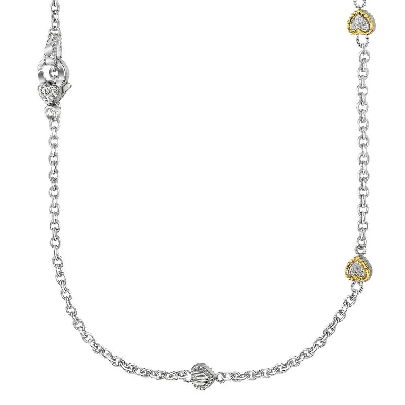 Thai style necklaces-Designer Sterling Silver and 14k Yellow Gold Pave Diamond Heart Station Necklace