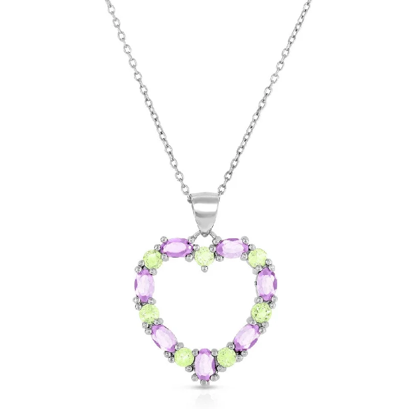 Vivid druzy necklaces-Dolce Giavonna Sterling Silver Amethyst and Peridot Heart Necklace