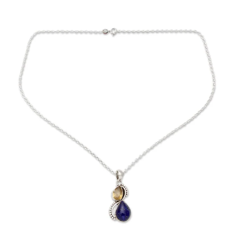 Onyx stone necklaces-Handmade Sterling Silver 'Two Teardrops' Lapis Lazuli Citrine Necklace (India)