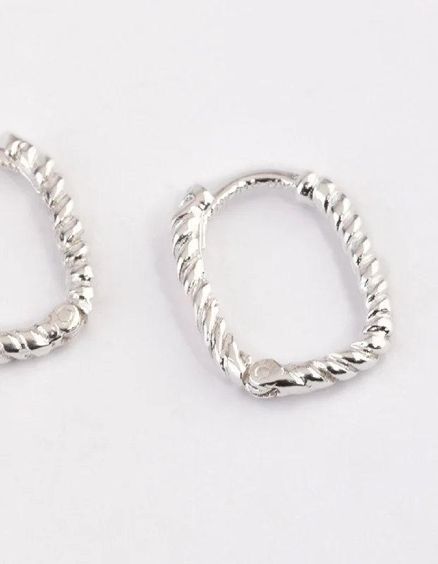 Layered drop earrings-Sterling Silver Rectangle Rope Hoop Earrings