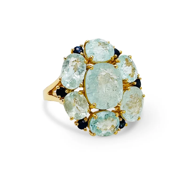 Paraiba Tourmaline Rectangle & Blue Sapphire Round Ring In 18K Yellow Gold