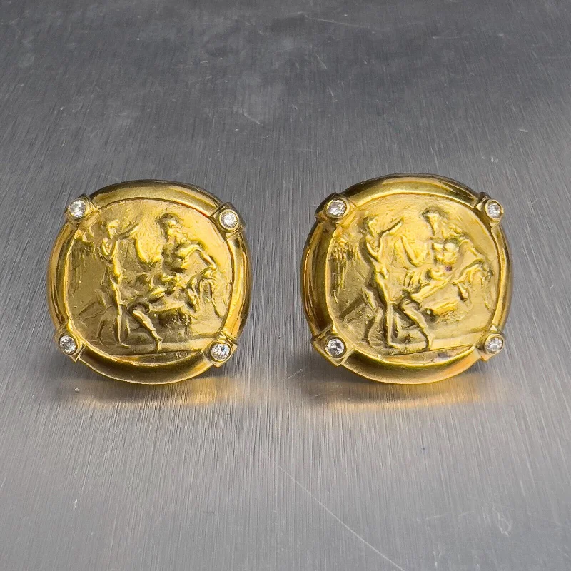 Bright stud earrings-1980's Athena Greek Cameo 18k Yellow Gold Diamond Clip On Earrings 0.30ctw G VS