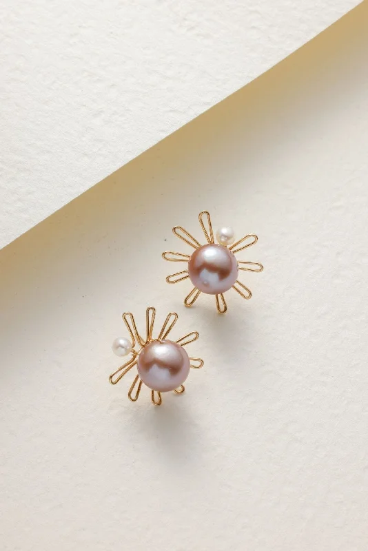 Thick hoop earrings-Purple Fairy Series Small Sun Pearl Stud Earrings