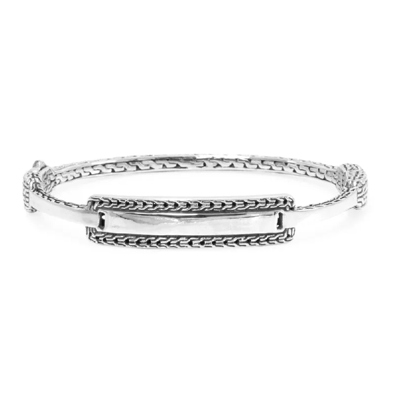 Sleek design bangles-Sterling Silver Chainlink Oval Bangle Bracelet With Push Button Insertion And Retention Hinge™