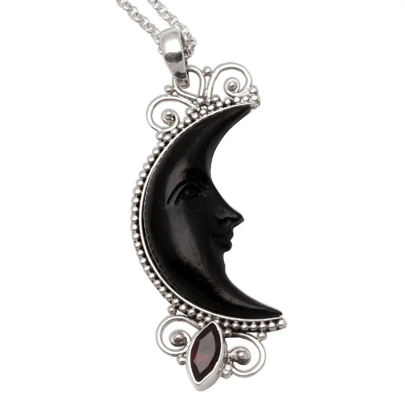 Vintage locket necklaces-NOVICA Dark Crescent Moon, Garnet and buffalo horn pendant necklace