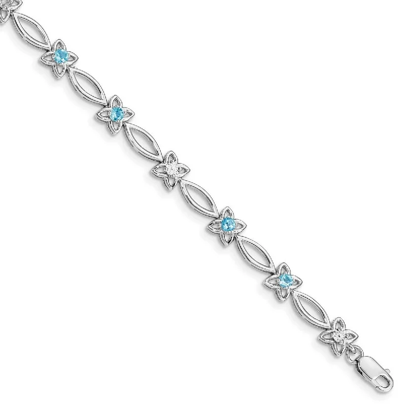 Fine bead bangles-Curata 925 Sterling Silver Polished Lobster Claw Closure Blue Topaz and Diamond Bracelet