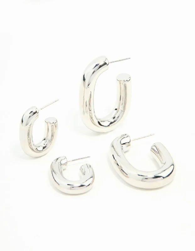 Surf theme earrings-Silver Rectangle Shaped Smooth Hoops 2-Pack