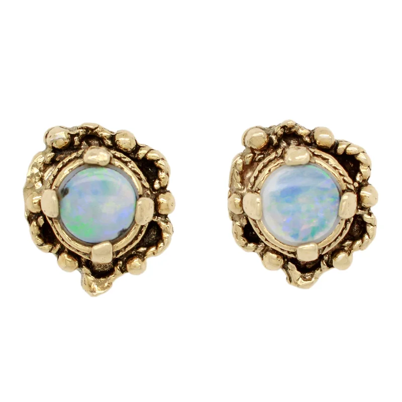 Woven thread earrings-Antique Art Deco Opal Stud Earrings - 14k Yellow Gold Floral Shape